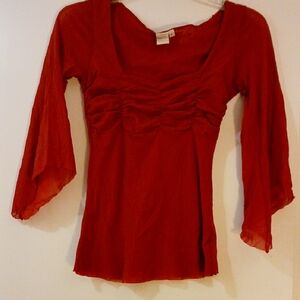 Sweet Pea Fushia Women's Mesh Blouse W Hankerchief Sleeves & Ruched Bra Area,Sm